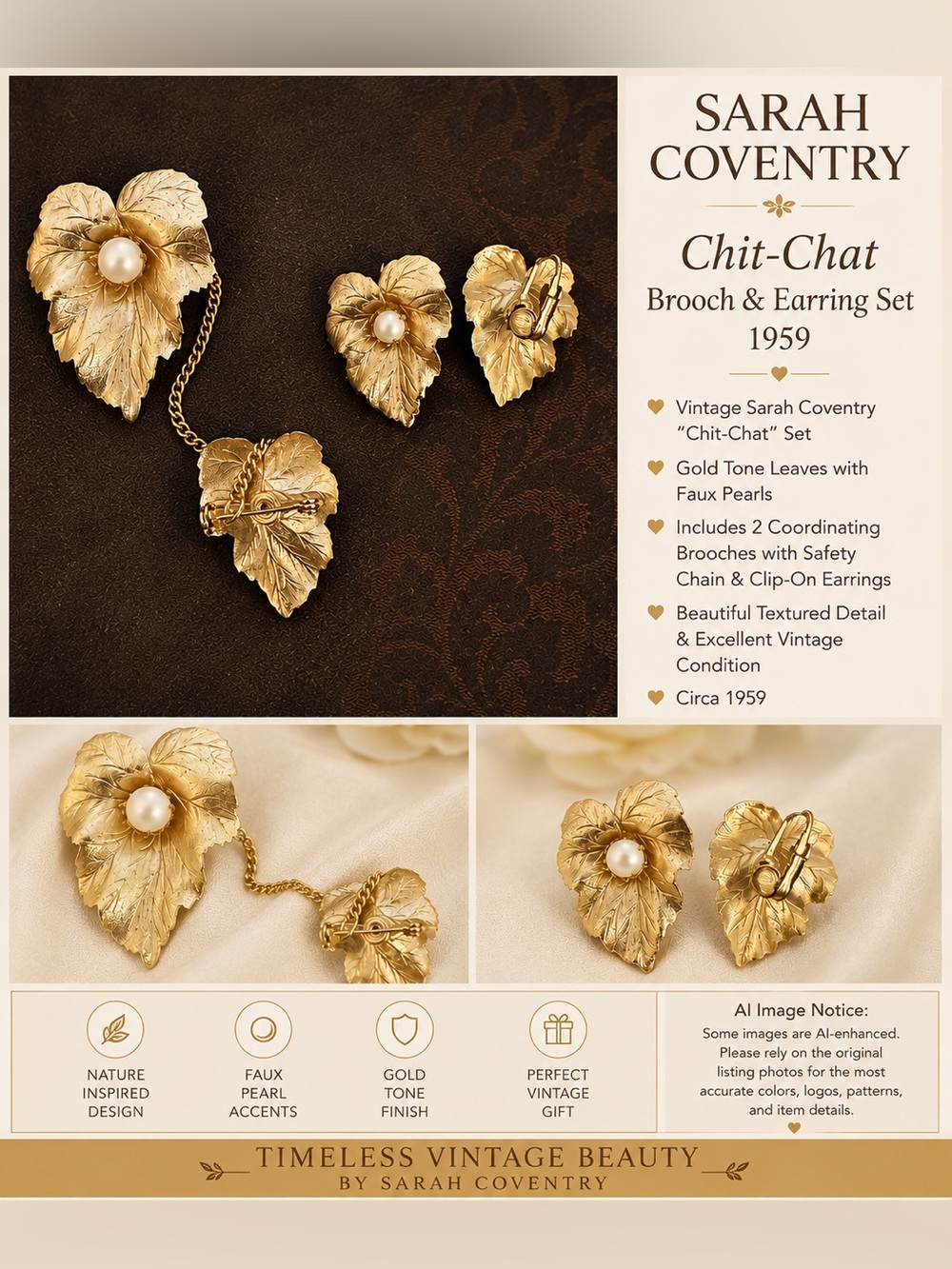 Sarah Coventry Gold Tone Leaf Brooch and Earrings Set with Faux Pearls